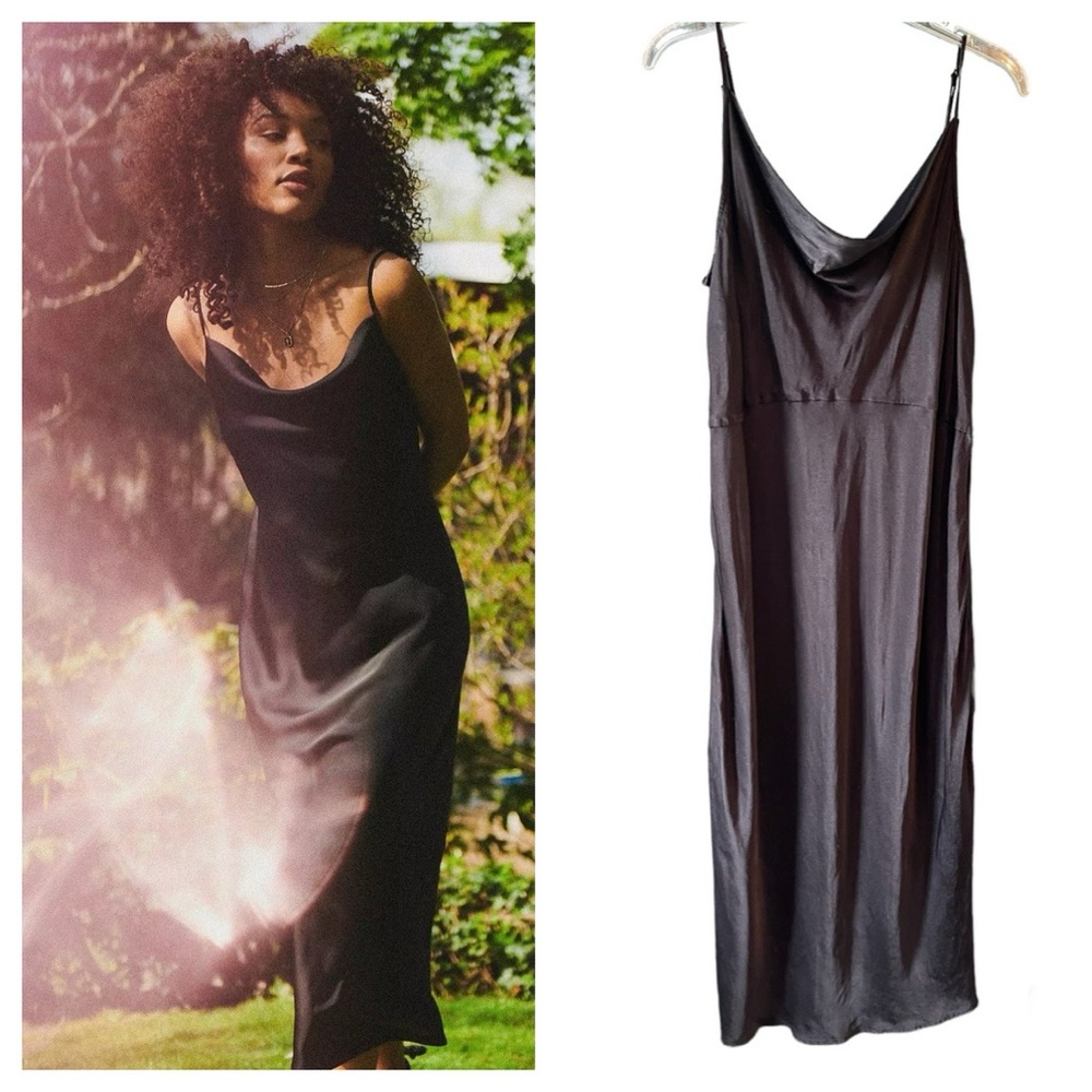 Urban Outfitters Black Satin Dress Cowl Neck Midi Sz Large